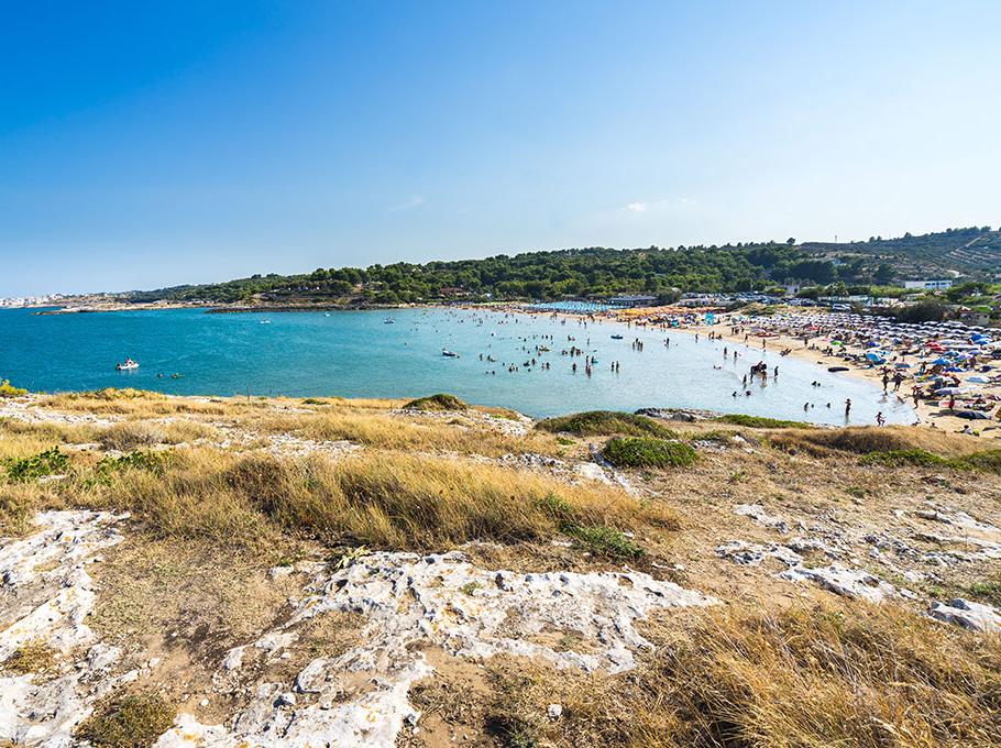 Spiaggia affollata, mare azzurro, colline verdi, cielo limpido: estate vibrante e vivace.